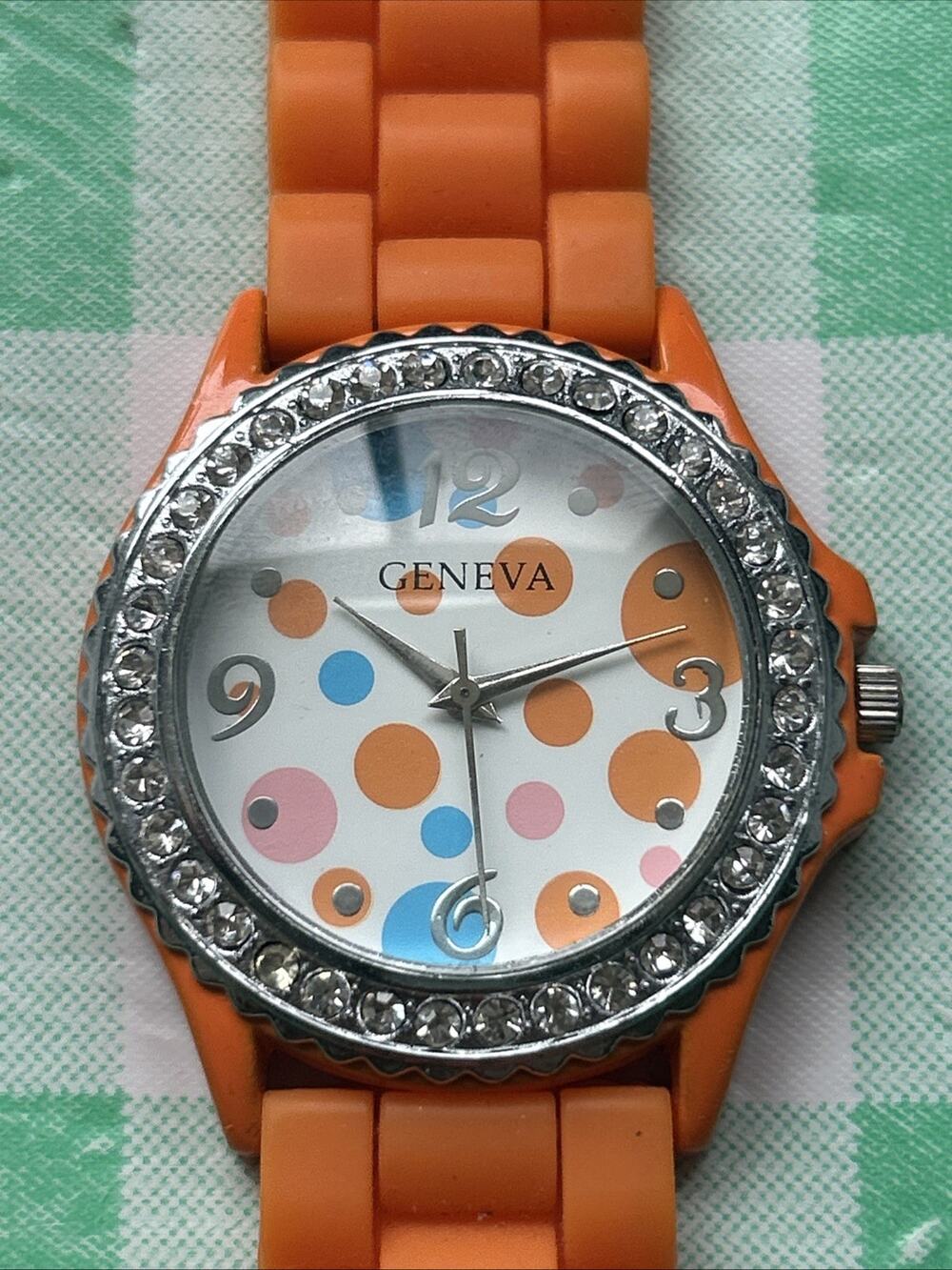 Geneva Polka Dot Dial Orange Band Women’s Quartz Watch